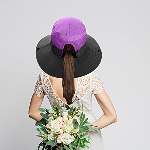 Women's Outdoor UV-Protection-Foldable Sun-Hats Mesh Wide-Brim Beach Fishing Hat with Ponytail-Hole (Purple)