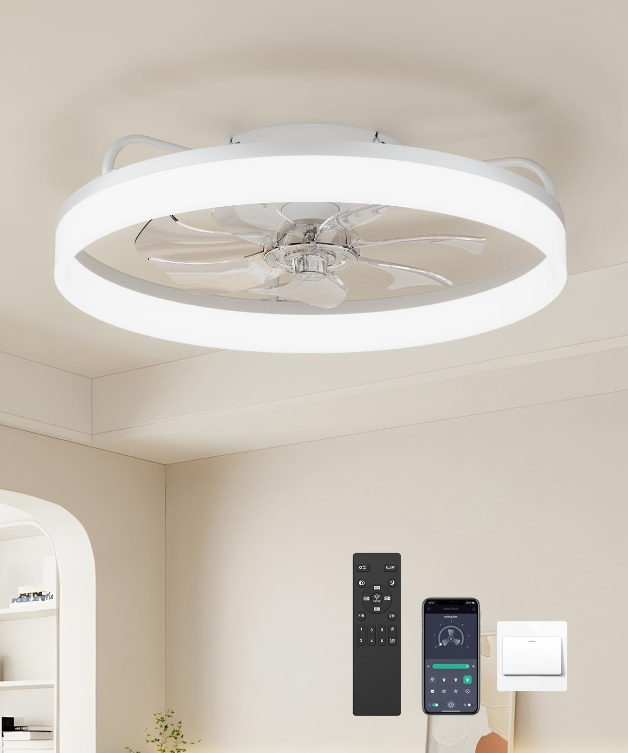 RRHG Ceiling Fans with Lights and Remote,19.7" Flush Mount Ceiling Fan with Lights,3000-6500K Dimmable and 6 Wind Speeds,Low Profile Ceiling Fan with Light for Bedroom, Kids Room.(White)