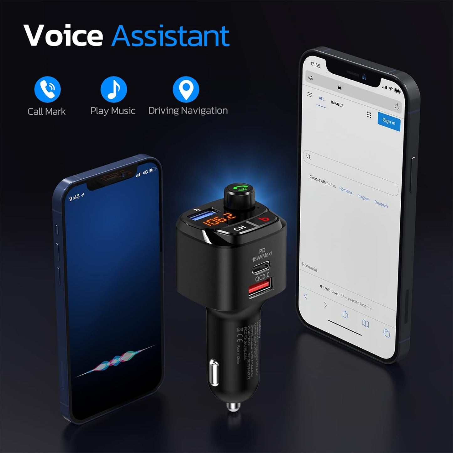 Nulaxy Bluetooth 5.0 FM Transmitter for Car, QC3.0 & USB-C PD 18W Wireless Bluetooth Radio Adapter Music Player Car Kit with Bass Booster, Hands-Free Calls-NX12