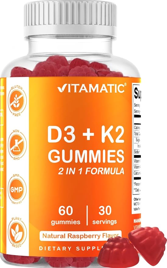 Vitamatic Vitamin D3 & K2 Gummies (2-Pack, 60 Count) Supports Healthy Bones, Heart Health, Calcium Absorption, and Immune Function Plant-Based, Non-GMO, Gluten-Free
