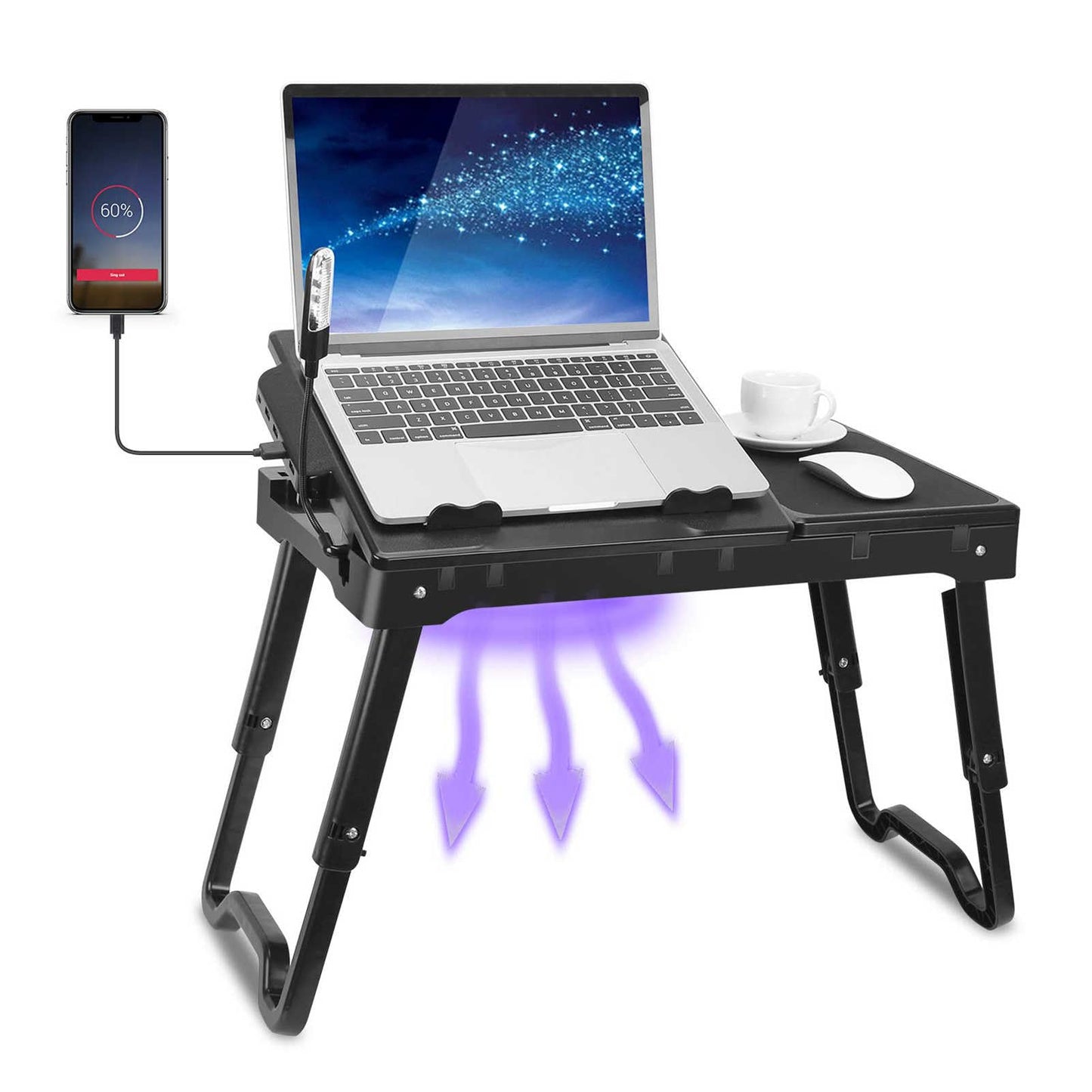 TeqHome Laptop Desk for Bed, Adjustable Table with Fan, Portable Lap Desk, Foldable Legs, Stand for Couch Sofa, Tray with LED Light, 4 USB Ports, Storage, Mouse Pad