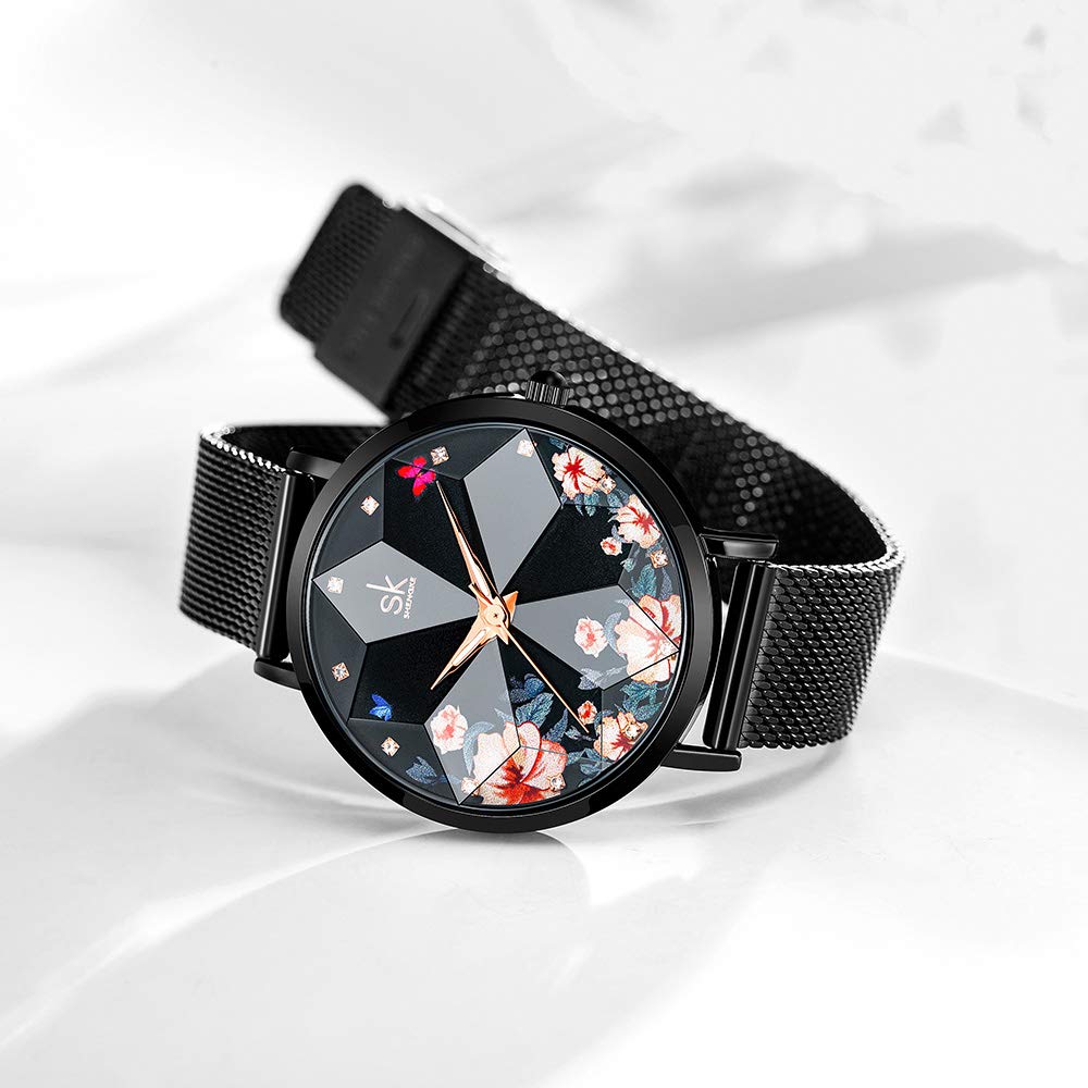 SHENGKE Creative Starry Star Women Watch with Stainless Steel Mesh Band Genuine Leather Elegant Luxury Ladies Watches (Flower-Mesh Band-Black)