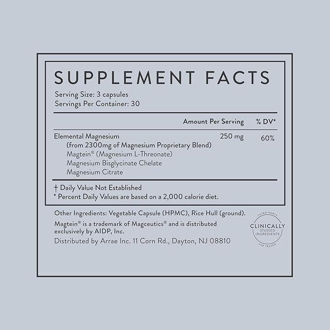 Arrae Magnesium Supplement, Magnesium Glycinate, Citrate & L-threonate, 250 mg, Support Mood, Sleep, Nerves, and Muscles,90 Capsules
