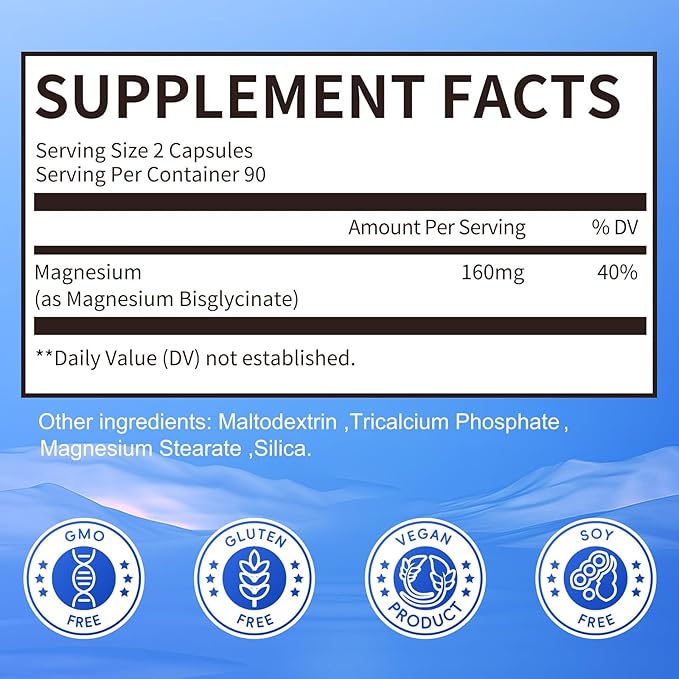 Magnesium Bisglycinate 100% Chelated, Maximum Absorption, Magnesium Supplement for Sleep & Calmness, Supports Heart Healthy, Muscle & Bones, Non-GMO, 180 Capsules