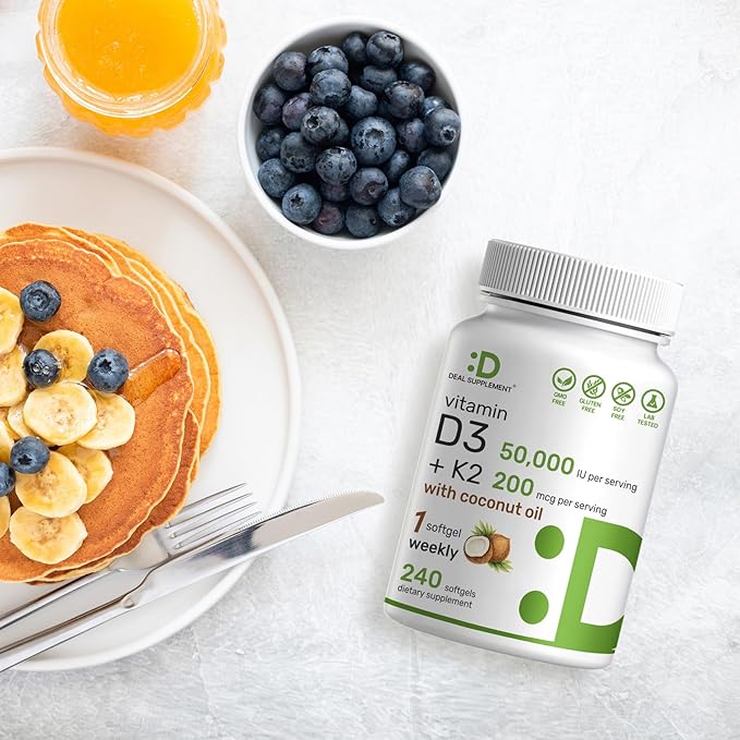 DEAL SUPPLEMENT Vitamin D3 50,000 IU + K2 MK7 200 mcg,240 Softgels | Virgin Coconut Oil, Max Strength Vitamin D & K, Promotes Heart, Bone, & Teeth Health – One Softgel Weekly, Easy to Swallow