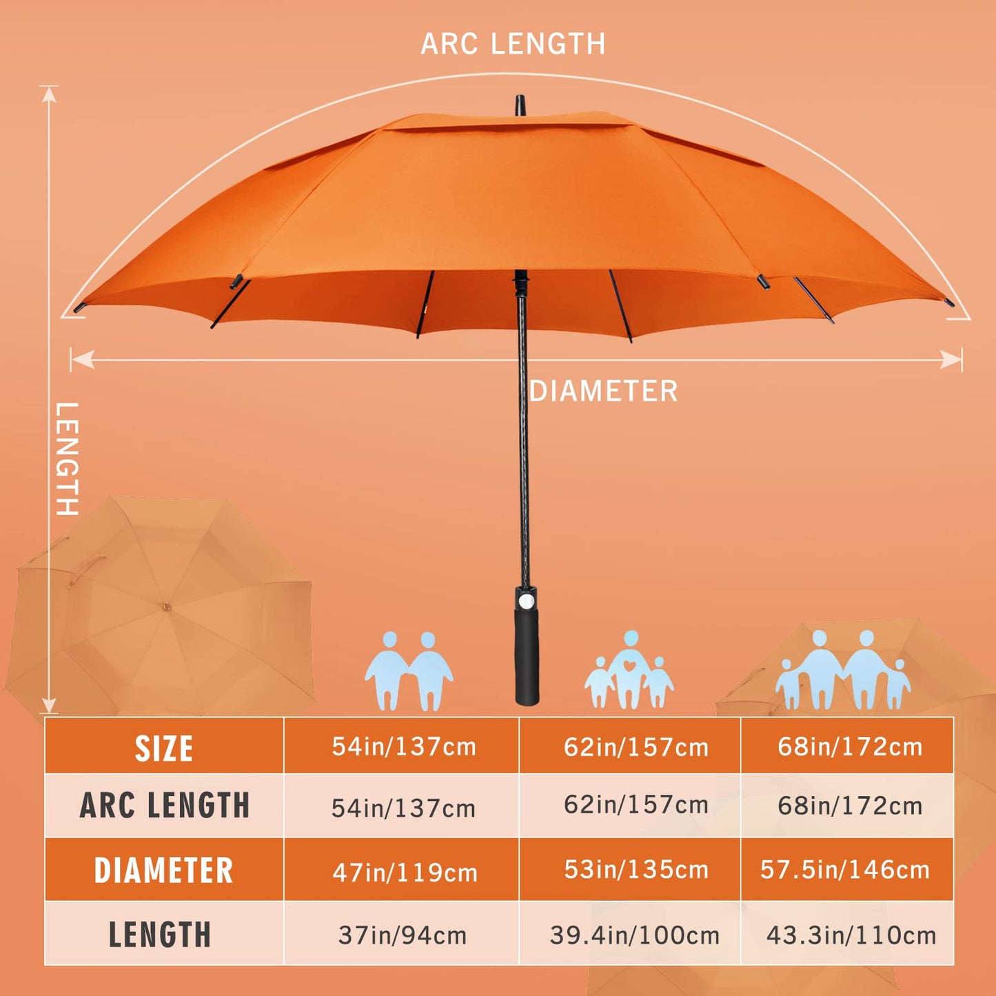 ZOMAKE Large Golf Umbrella 62 Inch - Double Canopy Vented Golf Umbrellas for Rain Windproof Automatic Open Golf Push Cart Umbrella Oversize Stick Umbrellas for Men Women(Orange)