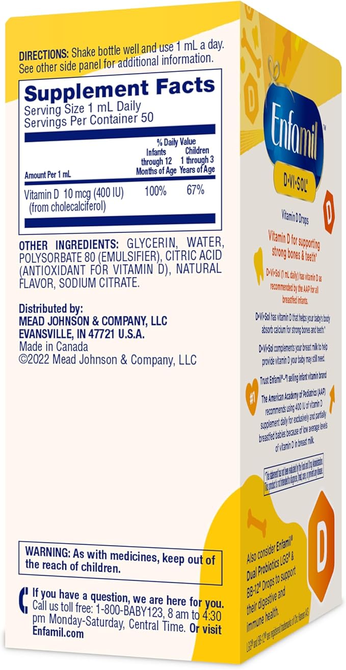 Enfamil Baby Vitamin D-Vi-Sol Liquid Vitamin D Drops, Supports Strong Teeth & Bone Development, 50mL Bottle