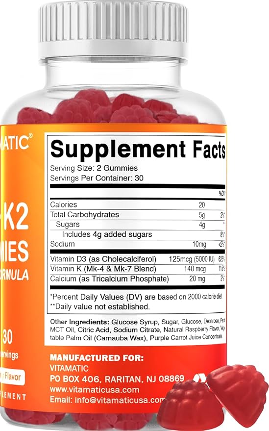 Vitamatic Vitamin D3 + K2 Gummies – 60 Count | Supports Bone, Heart & Immune Health – Promotes Calcium Absorption – Plant-Based, Non-GMO, Gluten-Free