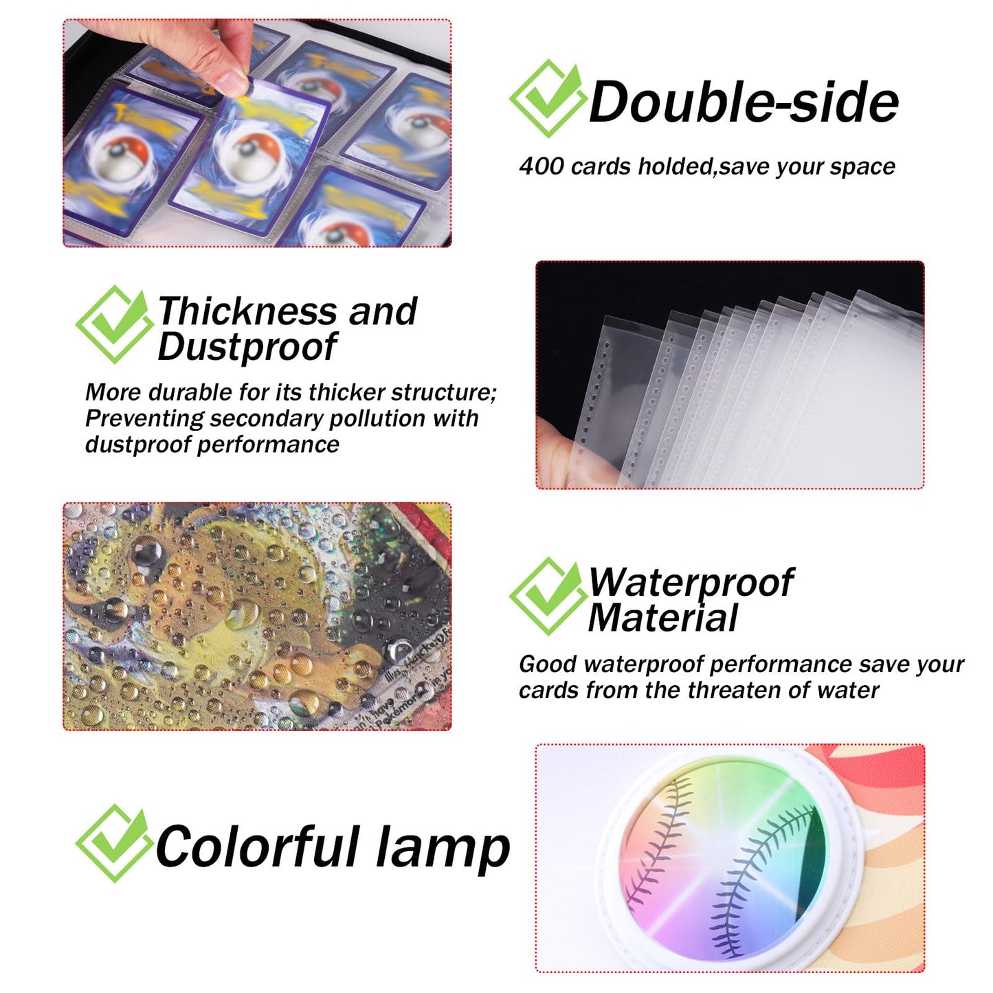 Baseball card binder,Baseball card holder,Trading Card Binder,with 7 Colorful Light Flashing Cards Binder,400 Card Capacity, Durable Leather, Zipper Closure, Convenient Handle(4Pocket)