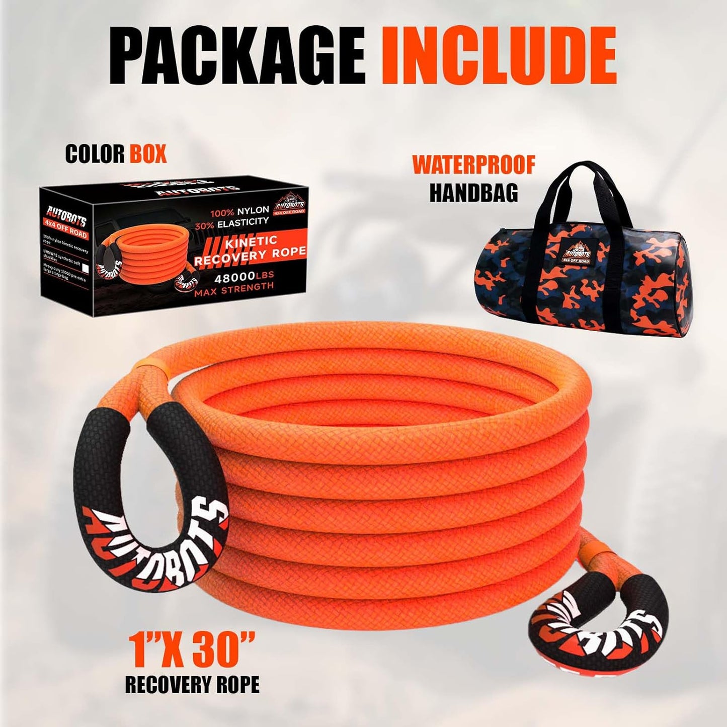 AUTOBOTS Kinetic Recovery Rope 1" x 30'(48,600lbs),Heavy Duty Tow Rope Tow Strap for Truck ATV UTV SUV Car,Offroad Recovery Kit
