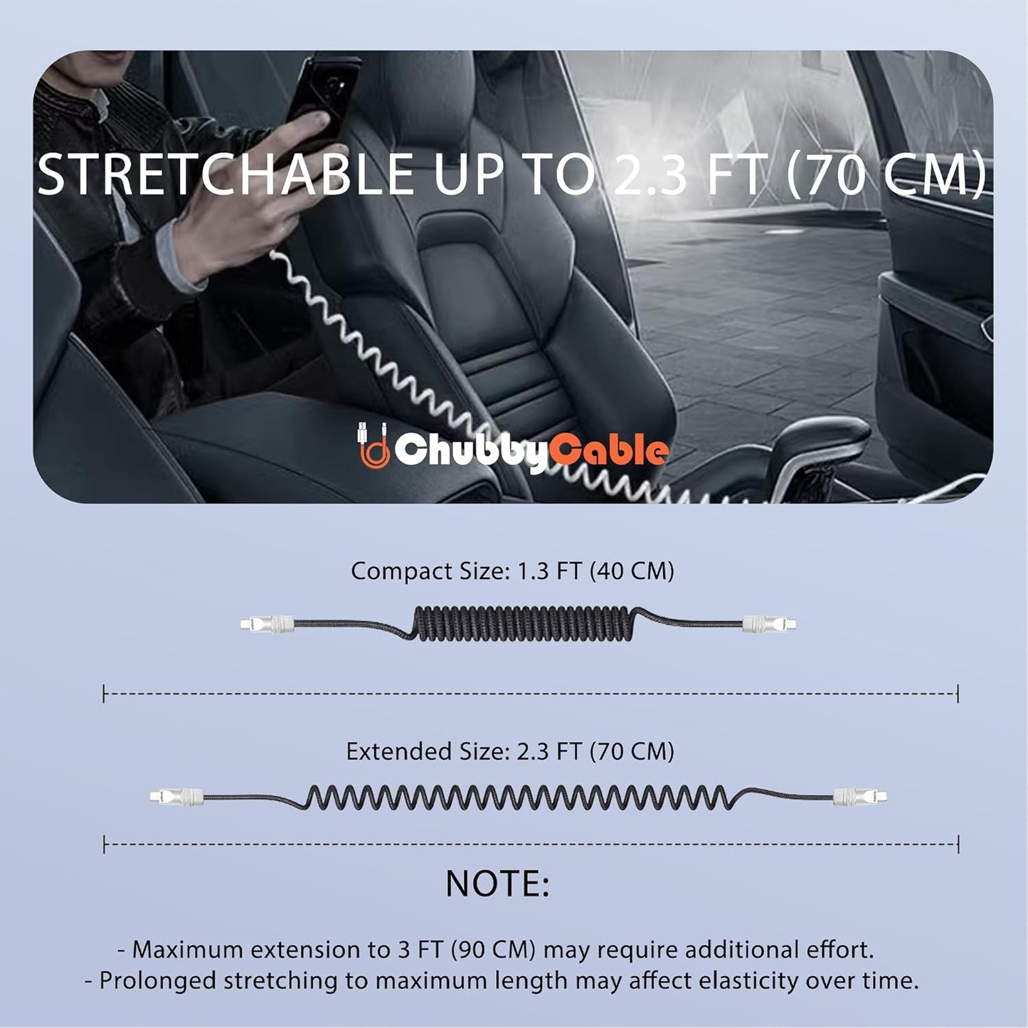 chubbycable Curly Chubby - Retractable Fast Charging Cable 240W Coiled Charger Cord for Car Durable USB-C Cable for Phones, Tablets and More, Orange, Type-C to Type-C, 1.3FT-2.3FT
