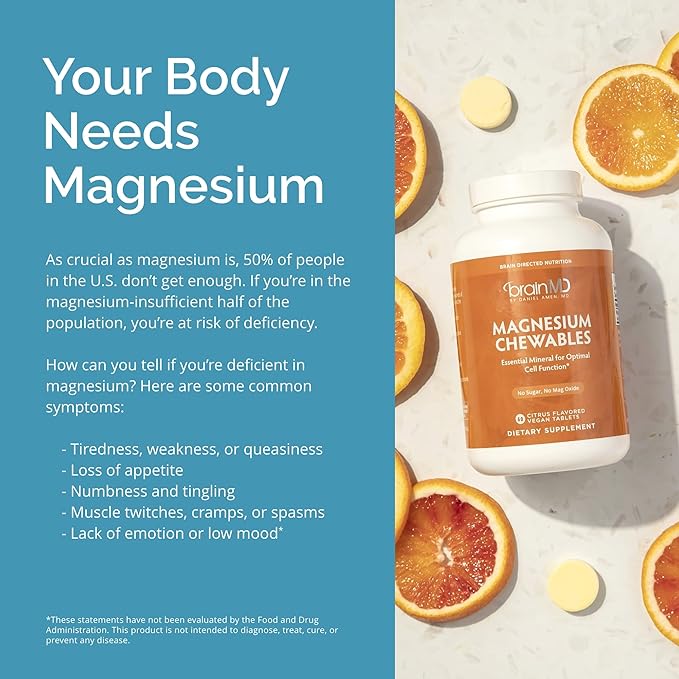 Dr Amen BrainMD Magnesium Chewables, Citrus - 60 Chewable Tablets, Pack of 2 - Essential Mineral for Optimal Cell Function - Gluten Free - 120 Total Servings