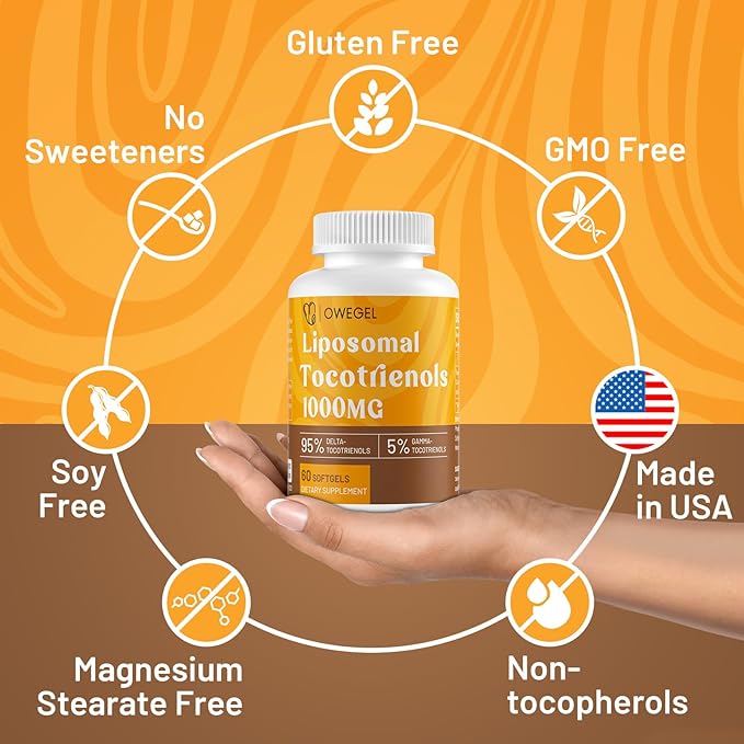 Vitamin E Tocotrienols Supplements 1000mg - High Potency Liposomal Tocotrienol Capsules,95% Delta & 5% Gamma Tocotrienols Support Skin,Bone,Antioxidant,120 Softgels