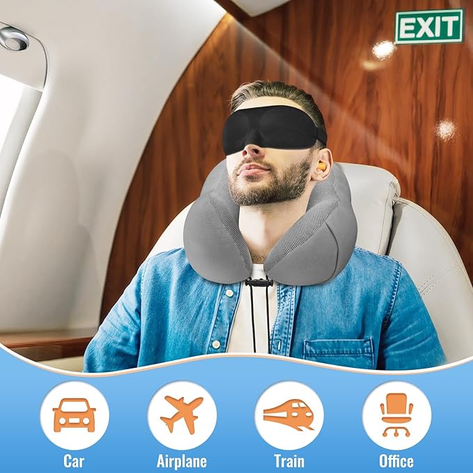 CloudBliss Travel Pillow Premium Memory Foam, Comfortable & Supportive Neck Pillow, Sleeping Neck Pillows for Travel, Airplane Pillow for Sleeping Airplane, Car, Office and Home(Dark Grey)