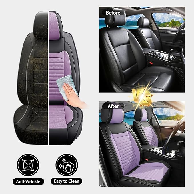 Car Seat Covers Full Set Fit for Toyota Avalon 2001-2022, Premium Faux Leather Car Seat Protector,Breathable Anti-Slip Full Wrapping Edge Seat Covers(Black&Purple,Full Set)