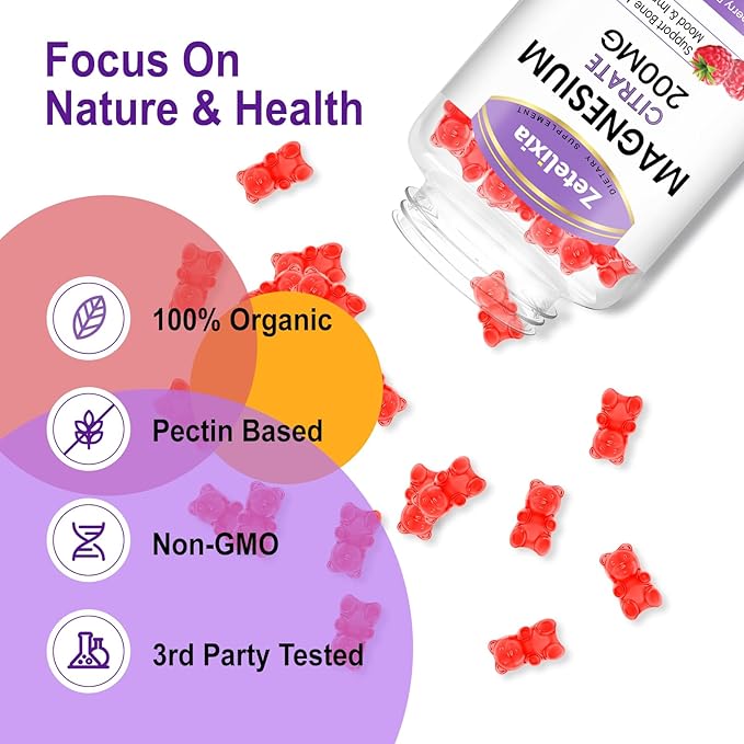 2 Pack Magnesium Citrate Gummies, High Absorption Magnesium Gummies for Adults, Muscle & Teeth Support, 60 Vegan Natural Raspberry Gummies