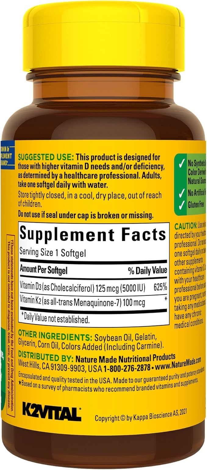 Nature Made Vitamin D3 K2, 5000 IU (125 mcg) Vitamin D, Dietary Supplement for Bone, Teeth, Muscle and Immune Health Support, 30 Softgels, 30 Day Supply