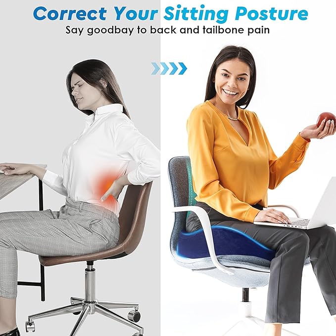 Seat Cushion, Gel Chair Cushions, Office Chair Cushions, Anti-Slip Bottom & Removable Cover Tailbone Pain Relief Cushion, Memory Foam Seat Cushion, 5.28 in Thick (Blue)