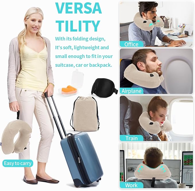 2 Pack Inflatable Travel Neck Pillows for Airplanes, Head Support Velvet Adult Neck Pillows for Long Flight, Kit with Eye Mask, Earplugs and Storage Bag, 2, Beige
