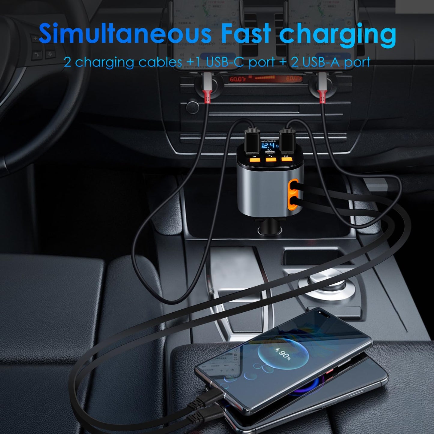 Retractable Car Charger,5 in 1 Fast Car Phone Charger 90W,Bluetooth 5.3 FM Transmitter Adapter,Handsfree Call,2 Retractable Cables and USB Cars Chargers for iPhone 15/14/13 (Black)