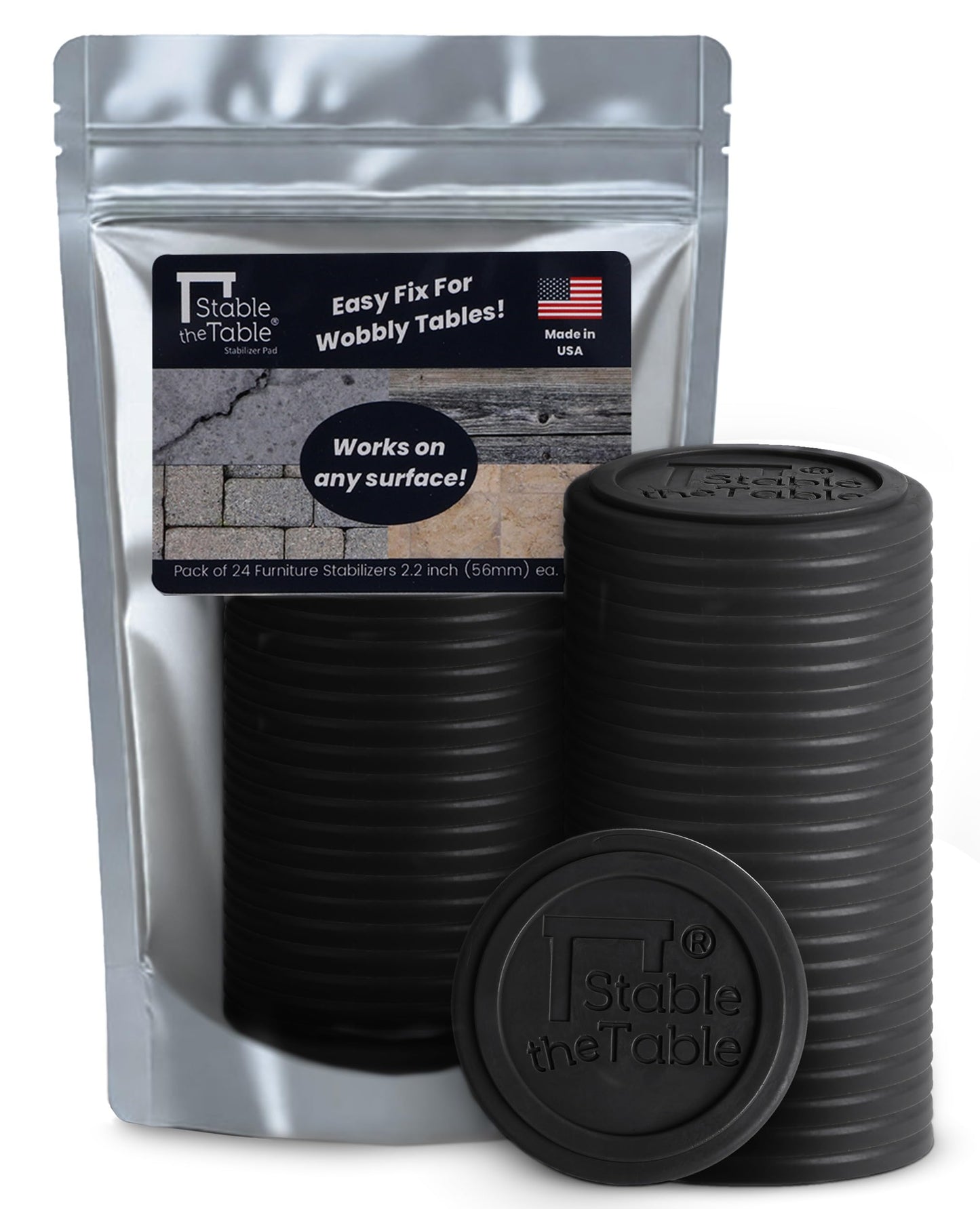 Stable The Table-24 Pack, Charcoal Round, Restaurant Table Leveler & Riser, Non Slip Stacking Furniture Pad, Floor Protector, Easy to Use Outdoor or Indoor on Tile, Patios and Decks, Made in USA