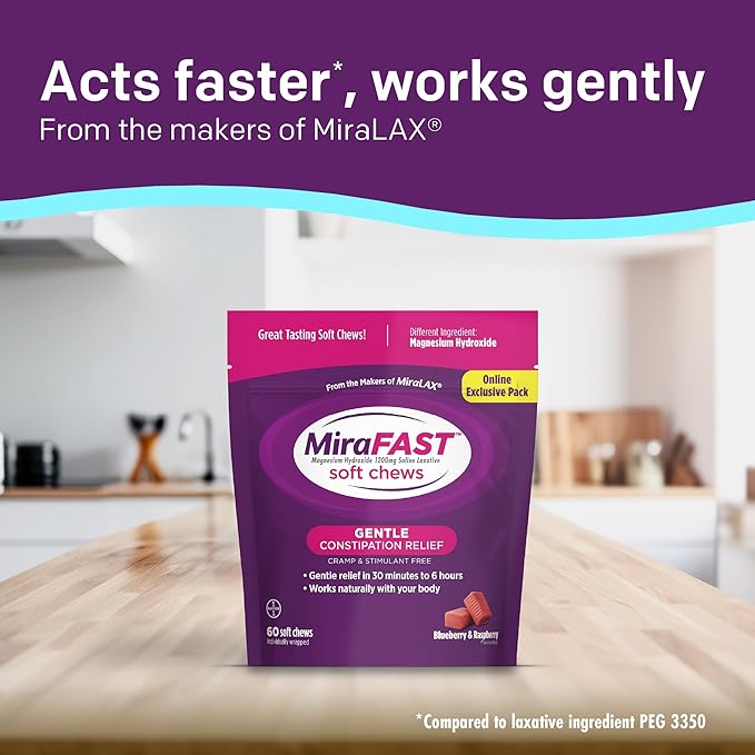MiraFAST Soft Chews, from The Makers of MiraLAX, Gentle Constipation Relief in 30min-6hrs, Fast Acting Laxative, Stimulant Free Saline Laxative, Magnesium Hydroxide, Mixed Berry Flavor, 60ct