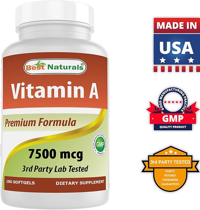 Best Naturals Vitamin A 25000 IU (7500 mcg), Non-GMO Formula Supports Healthy Vision & Immune System and Healthy Growth & Reproduction, 180 Softgels (180 Count (Pack of 3))
