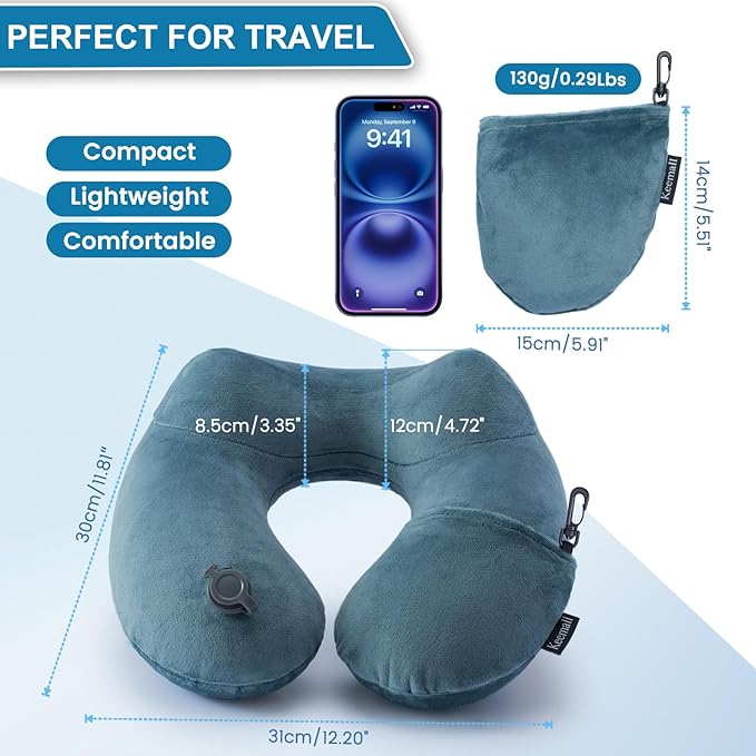 2Pack Inflatable Travel Neck Pillow for Airplane Sleeping, Adjustable Blow Up Neck Support Air Pillow Traveling on Plane Long Flights Washable
