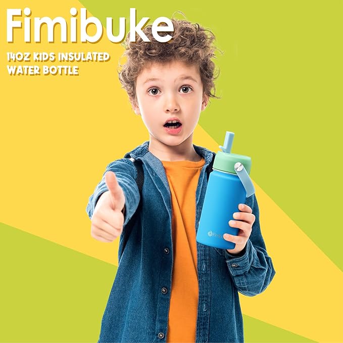 Fimibuke Kids Insulated Water Bottle, 14oz BPA FREE 18/8 Stainless Steel Travel Tumbler Double Wall Vacuum Leak Proof Kids Cup with Straw Metal Water Bottle for School Boys Girls(1 Pack, Pool)