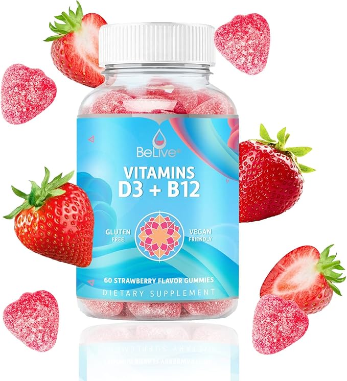 BeLive Vitamin D3 Gummies with B12 Vitamins - 60 Ct I Immune Support Gummies with Vegan Vitamin B12 & D3, Provides Enhanced Bone & Muscle Strength, Hearth Health and Energy - Strawberry Flavor