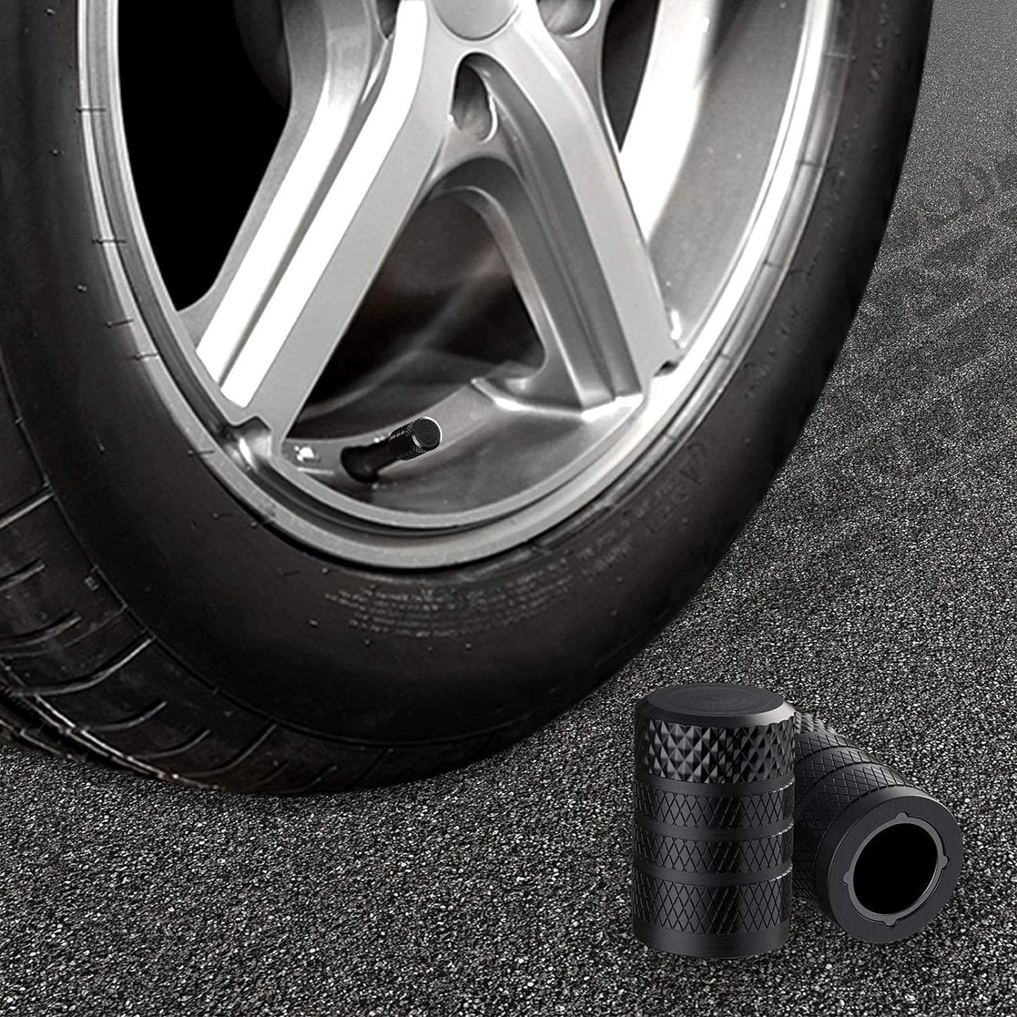 CKAuto Tire Valve Stem Caps, Black, 4 pcs/Pack, Anodized Aluminum Tire Valve Cap Set, Corrosion Resistant, Universal Stem Covers for Cars Trucks Motorcycles SUVs and Bikes
