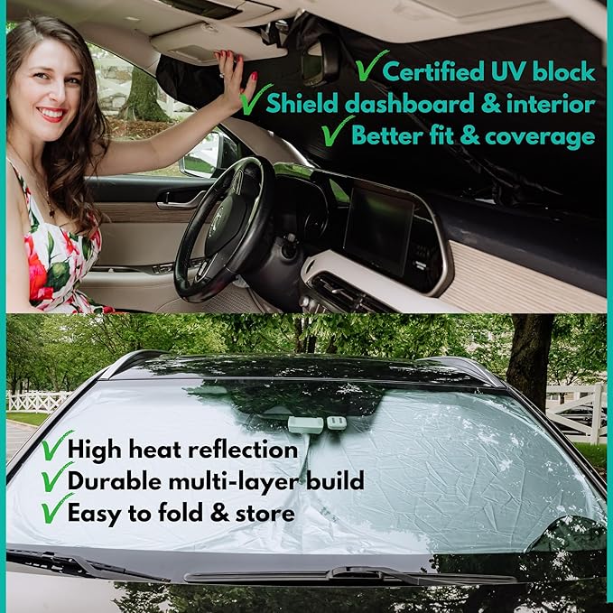 Windshield Sun Shade -Certified 99.87% UVB & 99.02% UVA Car Sun Shade. Award Winning Sunshade - Patented Technology | Compatible for Mazda 3 2014-present | Car Shades by Kinder Fluff