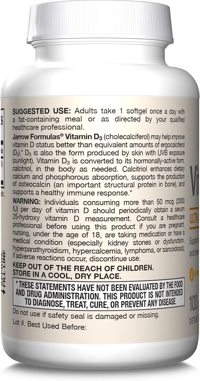 Jarrow Formulas Vitamin D3 62.5 mcg (2,500 IU) - 100 Servings (Softgels) - Bone Health, Immune Support & Calcium Metabolism Support - Vitamin D Supplement - D3 Vitamins - 2500 Vitamin D - Gluten Free