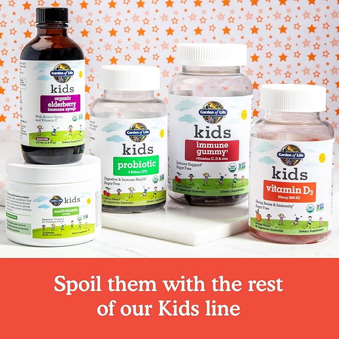 Garden of Life Kids Organic Vitamin D3 Gummies with 800 IU (100% Daily Value) for Strong Bones, Teeth, Brain & Immunity – Non-GMO, No Gluten, Vegetarian, Sugar Free, Orange Flavor, 60 Servings