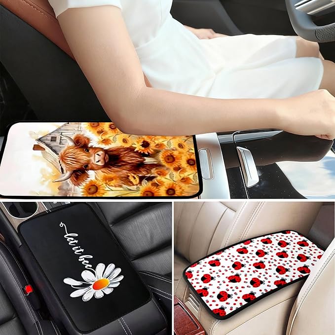 Highland Cow Vehicle Center Console Armrest Cover Pad,Cow Car Accessories Soft Middle Console Cushion Pad,Auto Arm Rest Mat Decor Highland Cows Gifts for Women Men Dad for Most Vehicle SUV Truck
