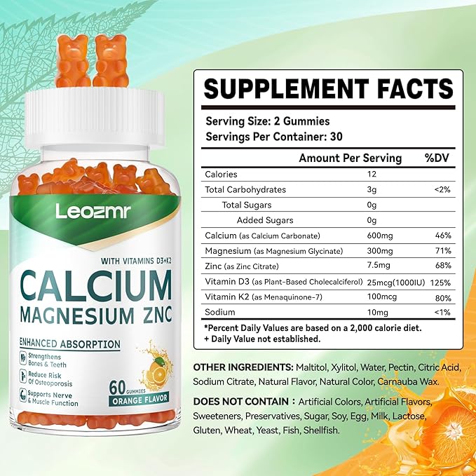 Calcium Magnesium Zinc Gummies with Vitamin D3 & K2 - High Potency Enhanced Absorption -120 Orange Gummies Flavored