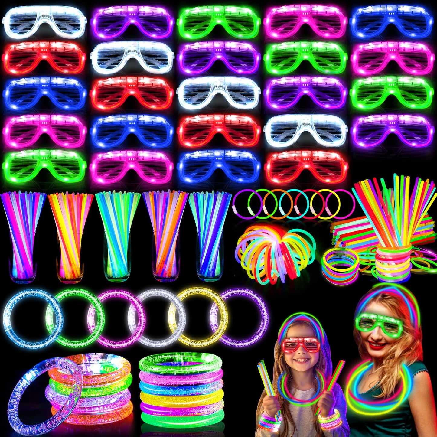TURNMEON 148 PCS Glow in the Dark Party Supplies Light Up Toys with 24 Led Glasses, 24 Flashing Bracelets and 100 Glow Sticks Bulk Party Favors for Kid Birthday Wedding Carnivals Concert Halloween