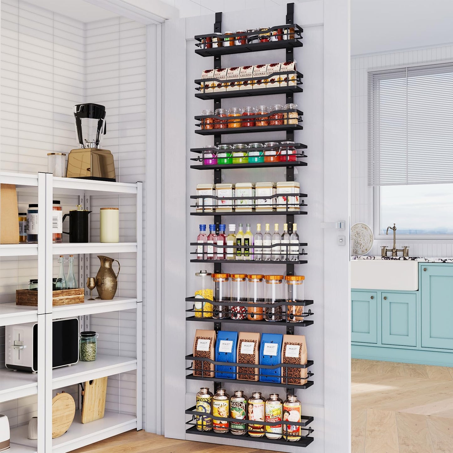 Eastherry Over The Door Pantry Organizer,9-Tier Over The Door Organizer with Adjustable Basket,Metal Hanging Pantry Organizers and Storage for Kitchen, Back of Door Seasoning Rack (Black)