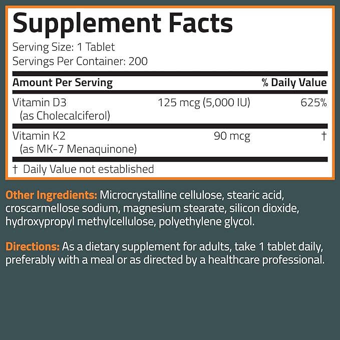 Bronson Vitamin K2 D3 (MK7) Supplement Non-GMO Formula Vitamin D3 5000IU (125 mcg) & 90 mcg K2 MK-7, Easy to Swallow D & K Complex, 200 Tablets