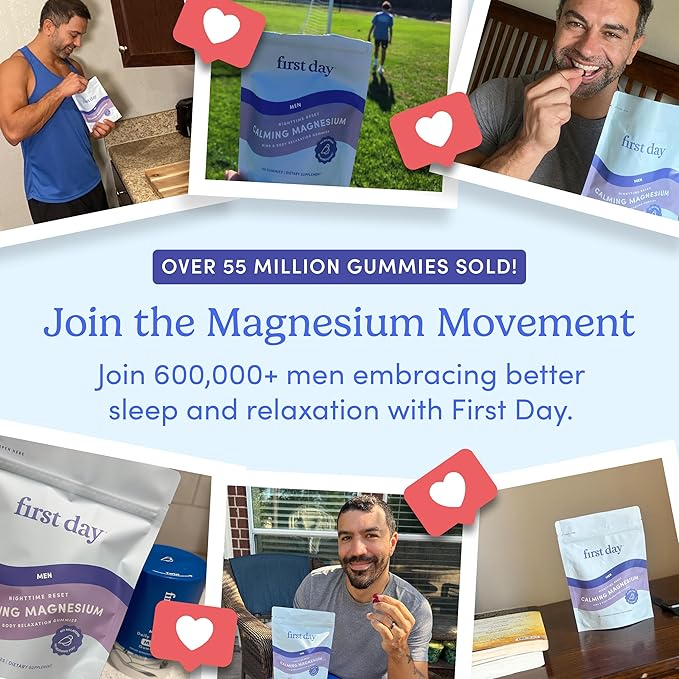 First Day Men’s Nighttime Reset Calming Magnesium Gummies – Sleep Aid Supports Peaceful Rest, Balanced Mood & Energy – Supplement with Magnesium Citrate, L-Theanine & No Melatonin – 60-Day Supply
