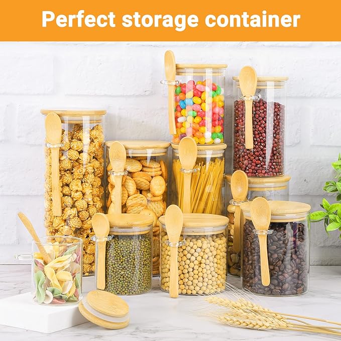Glass Jars with Bamboo Lids Set of 4, 20 Fl.oz Round Glass Mason Jar with Airtight Lid and Spoon, Stackable Pantry Canister for Coffee, Sugar, Spice, Oats, Candy, Clear Loose Tea Containers