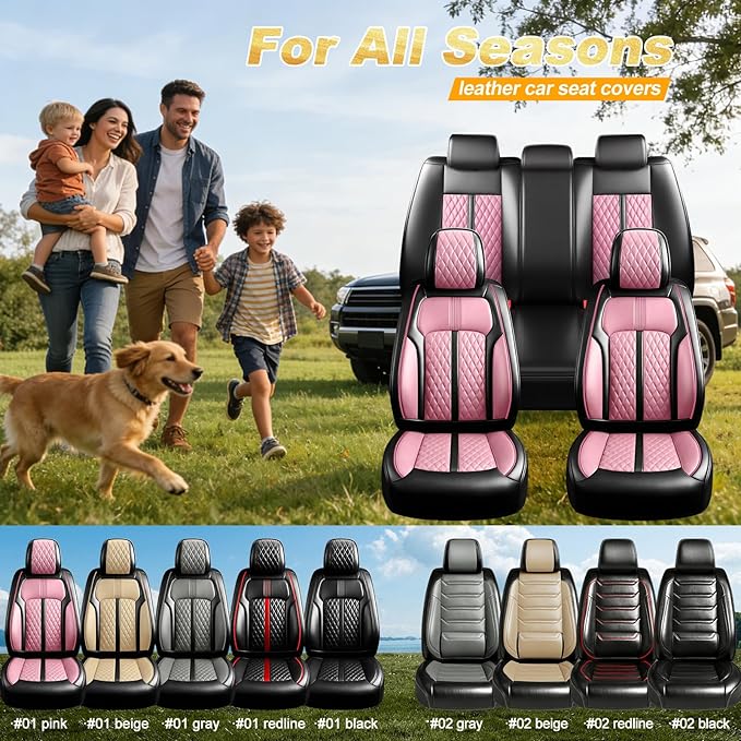 Fit RAV4 Car Seat Covers for Select Toyota RAV 4 2013-2026 /RAV4 Hybrid - Premium Full Coverage Leather, Waterproof & All Weather Seat Cushion Protector, Full Set, Black+Pink