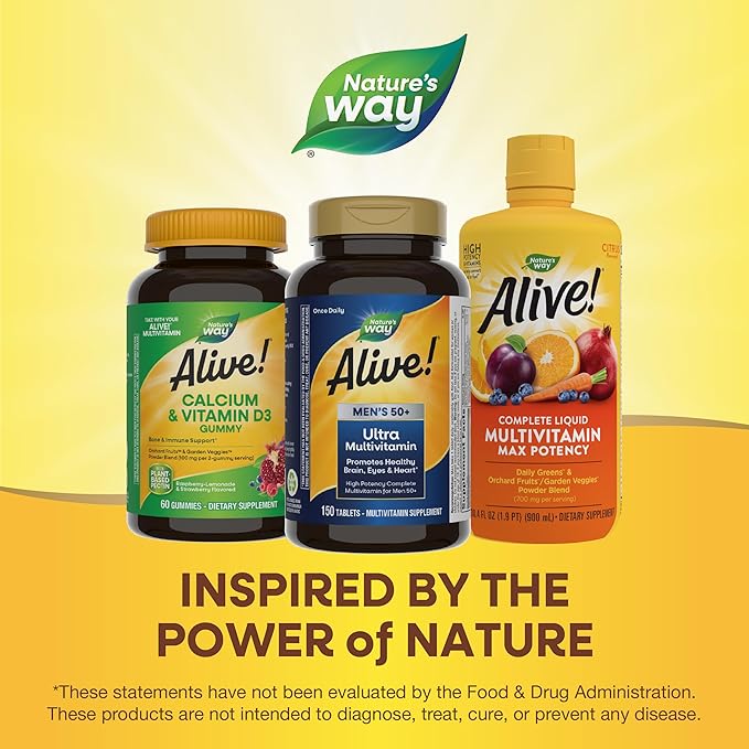 Nature's Way Alive! Men’s 50+ Daily Ultra Multivitamin, High Potency Formula, Supports Healthy Brain, Eyes & Heart*, with Methylated B12, Gluten-Free, 150 Tablets
