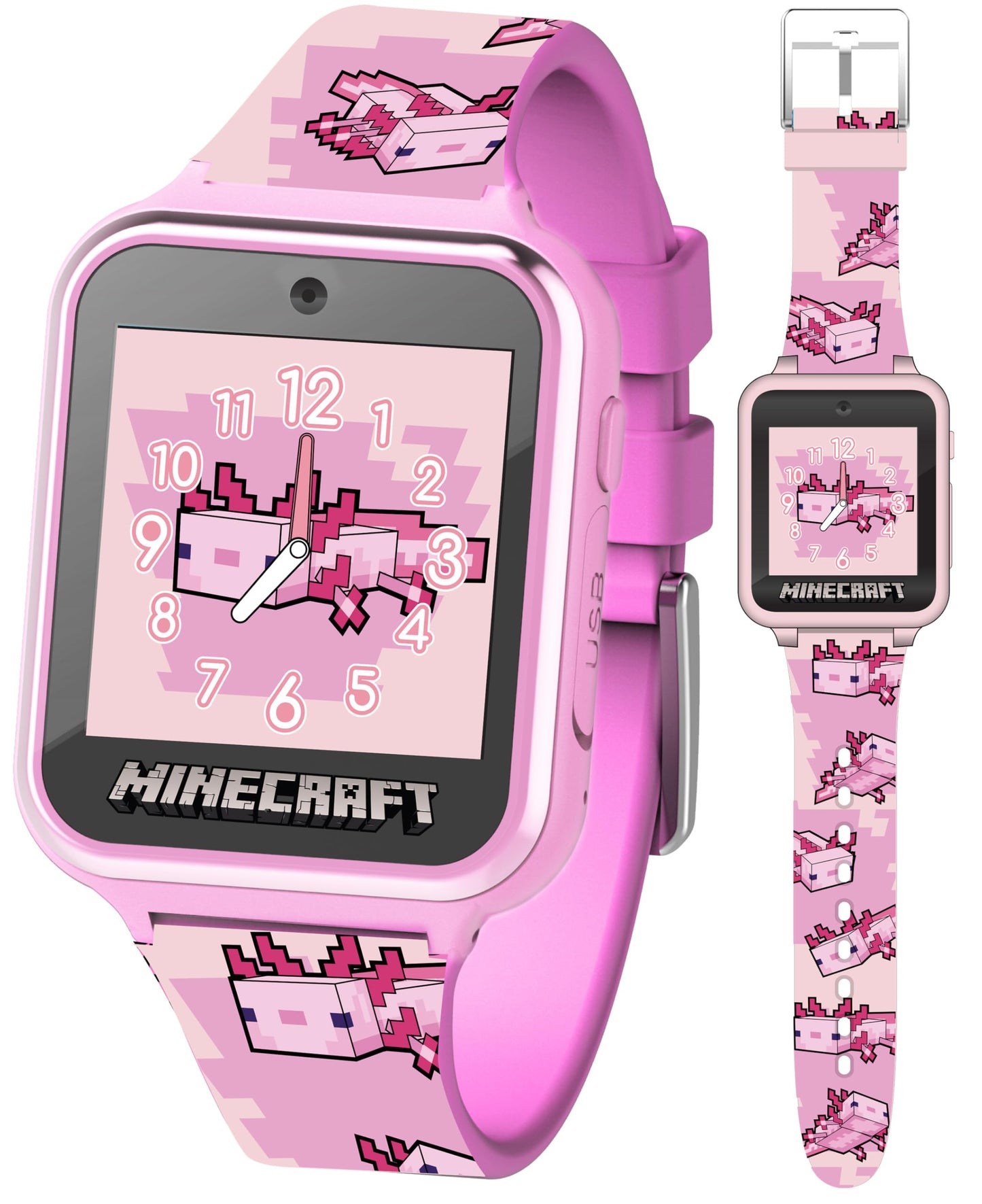 Minecraft Kids Smartwatch – Pink Axolotl Design, 10 Watch Faces, Step Counter, Selfie Camera, Calculator, Games, Voice Recorder, Alarm & Timer, Printed Silicone Straps – Fits Wrists 5.5"-8.0"
