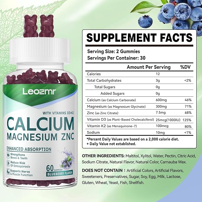Calcium Magnesium Zinc Gummies with Vitamin D3 & K2 - High Potency Enhanced Absorption -60 Blueberry Gummies Flavored