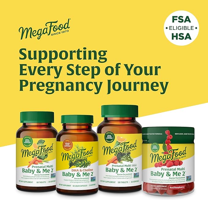 MegaFood Baby & Me 2 Prenatal Multi Vitamins - Prenatal Vitamins for Women with Choline, Methyl Folate & Iron, Vegetarian, Gluten-Free, Pre Natal Multivitamin for Women - 120 Tablets, 60 Servings