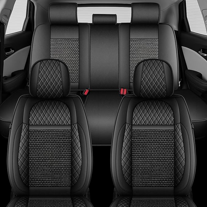TTX LIGHTING for Acura TL 2004-2014 Car Seat Covers, Breathable Ice Silk & Leather Seat Protector, Cool & Anti-Sweat for Long Driving, Airbag Compatible, 5 Seats Full Set (Black)