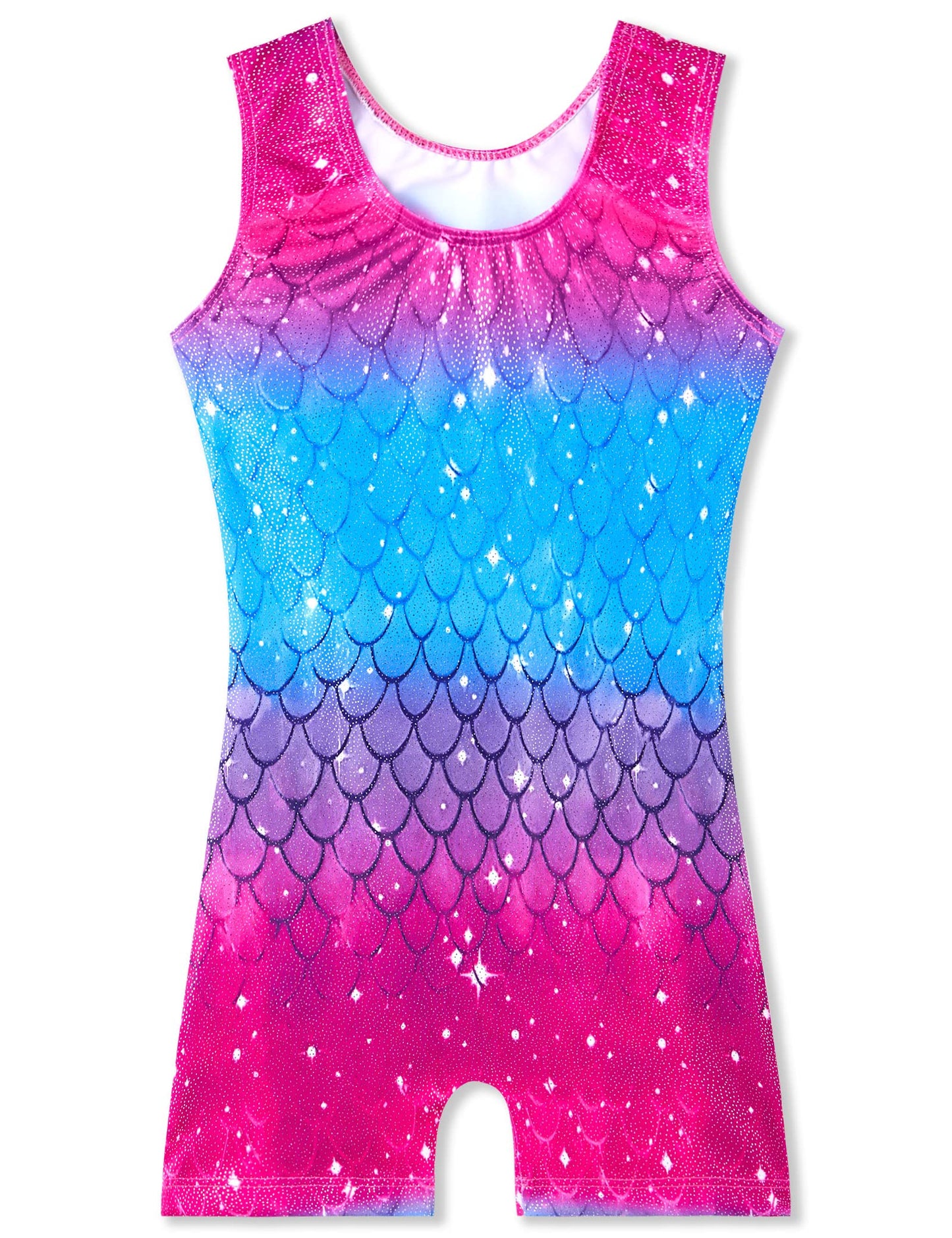 TENVDA Girls Gymnastics Leotards Size 5-6 Years Old Tank Biketard Sparkle Blue Purple Mermaid Scale Printed Workout Unitard