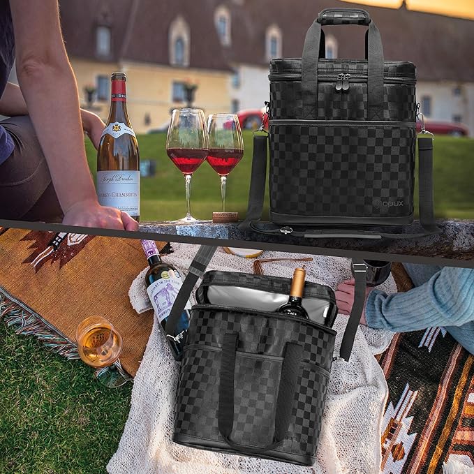opux 6 Bottle Carrier Tote | Insulated Padded Wine Cooler Bag for Travel. Picnic, BYOB | Portable Leakproof Wine Tote Bag for Dinner, Party, Christmas, Wine Gift for Women, Men (Black Square)