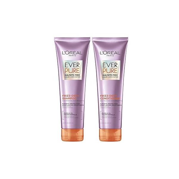 L'Oreal Paris Frizz Defy Shampoo and Conditioner Set, Control Hair Care with Marula Oil, EverPure, 8.5 Fl Oz, Set of 2